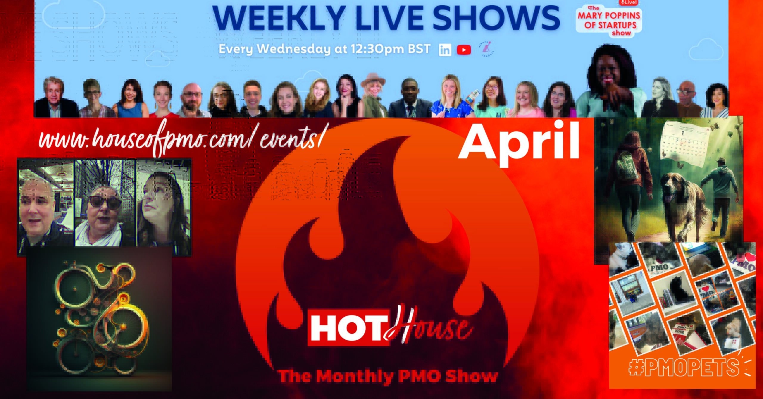 An image showing inserts from the hot house power point for a thumbnail. It shows images of pets, of the hosts and the special guest.